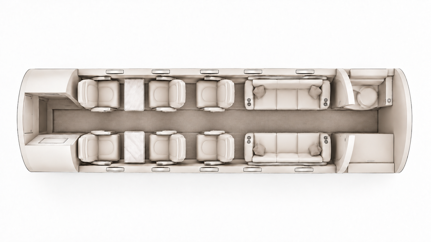 Falcon 6X approved seating configuration, overhead cabin layout