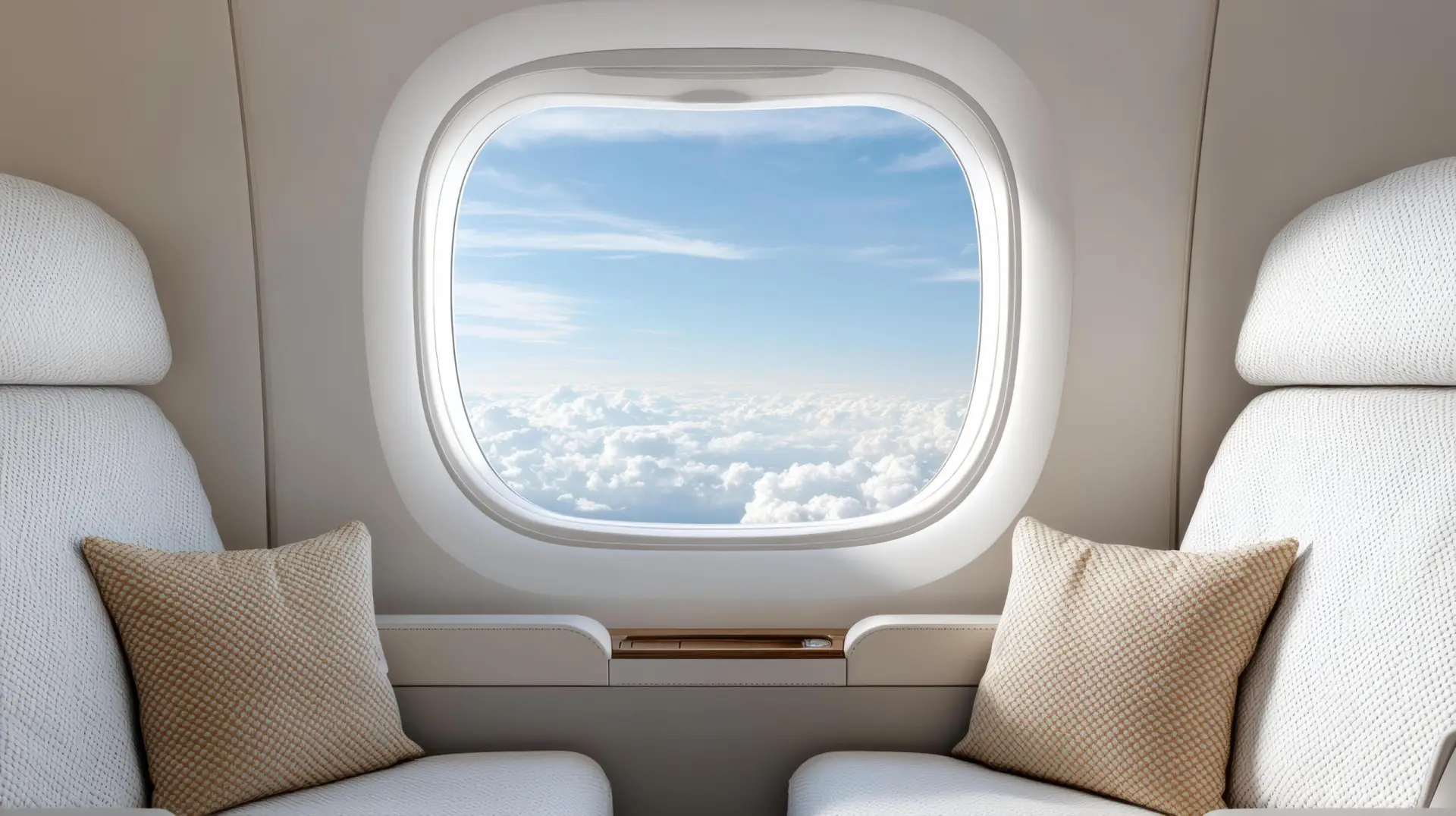 Private jet cabin window overlooking clouds, framed by luxury seats